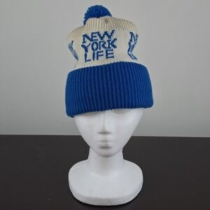 Vintage New York Life‎ Knit Pom Beanie Blue White Winter Hat Adult Large